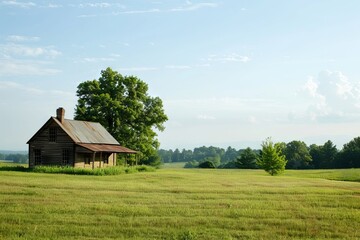 Obraz premium A charming rustic cabin set in a peaceful countryside, surrounded by lush green fields and a clear blue sky.