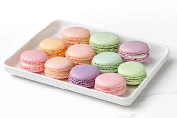 Obraz premium Delicate pastel macarons arranged on a white ceramic plate perfect for dessert tables or tea parties