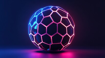 Fototapeta premium Neon-lit hexagonal sphere, glowing in dark background.