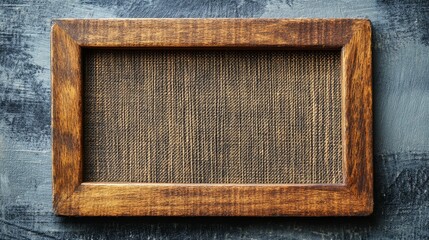 Wooden frame, textured fabric insert, dark background.