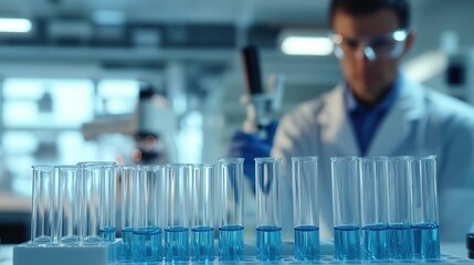 Laboratory scene featuring test tubes filled with blue liquid, r