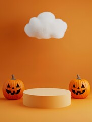 Halloween empty podium with pumpkin and cloud on orange background.