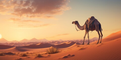 Camel in the desert at sunset.