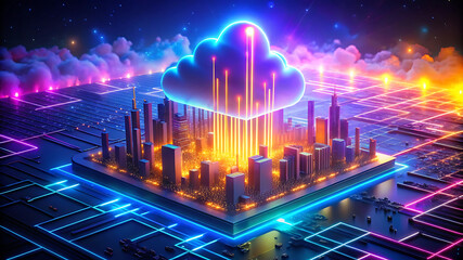 Futuristic cloud hovering over a glowing microchip cityscape symbolizing cloud computing and advanced technology