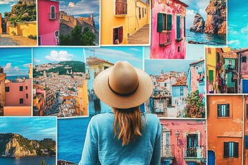 Fototapeta premium Collage of printed travel photos 