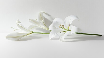 White lilies on a pure white surface, close-up shot, Minimalist style