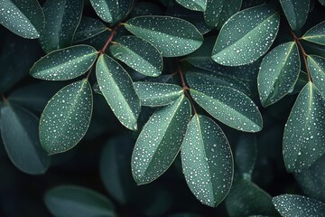 Fototapeta premium Fresh green leaves adorned with raindrops glistening in natural light after a refreshing rain shower in a serene