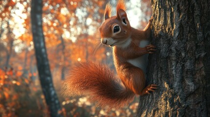 Fototapeta premium Red squirrel clinging to a tree trunk in autumn forest.