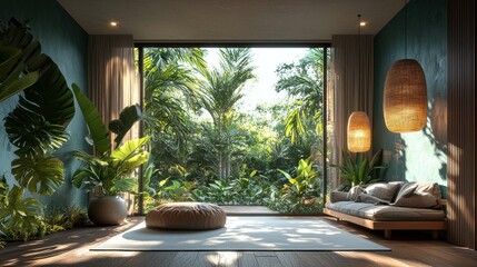 A beautifully designed living area showcasing a biophilic design. Lush greenery outside enhances the indoor plants and organic decor, exuding tranquility.