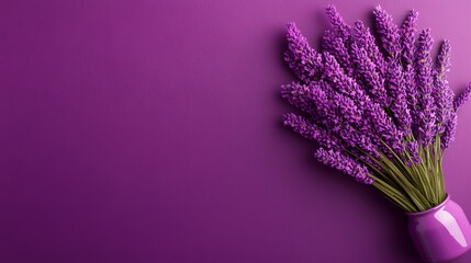 A bunch of lavender flowers in a purple vase on a purple background