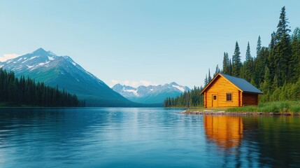 Fototapeta premium A serene lakeside cabin surrounded by tall trees and majestic mountains under a clear blue sky, reflecting beautifully on the calm water.
