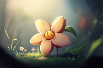 Obraz premium A happy cartoon flower with a smiling face is basking in bright sunlight, symbolizing positivity and joy, depicted in a whimsical artistic style.