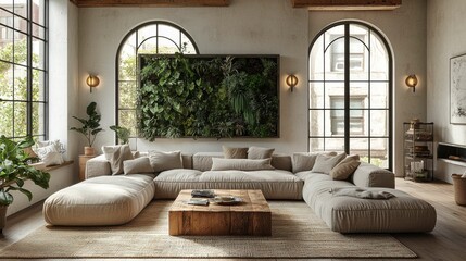 A spacious and sunlit living room featuring a biophilic design with a green living wall, warm earthy tones, and comfortable furniture, enhancing wellness and connection to nature.