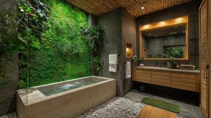 A stunning bathroom featuring a vertical garden wall, stone bathtub, and natural materials. The design promotes wellness and connection to nature.