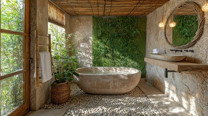 A serene bathroom featuring a round stone bathtub, greenery wall, natural materials, and sunlight streaming through a wooden window. Perfect for wellness.