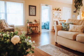 Fototapeta premium The inviting living room features a soft couch, floral pillows, and warm lighting, creating a cozy atmosphere with soft textures and tasteful arrangements.