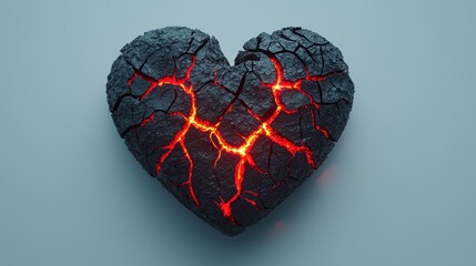 A cracked, black heart with glowing red fissures against a light background, symbolizing pain or emotional turmoil.