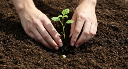 Hands planting a seedling in nutrient-rich soil, symbolizing growth, sustainability, and a connection to nature