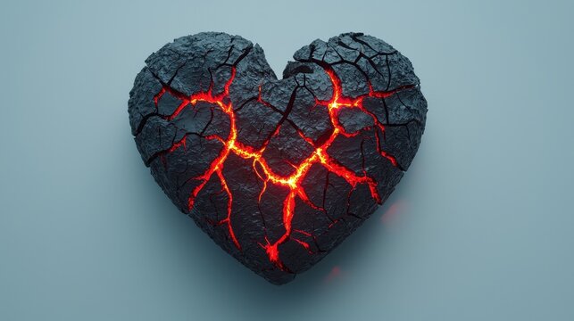 A cracked, black heart with glowing red fissures against a light background, symbolizing pain or emotional turmoil.