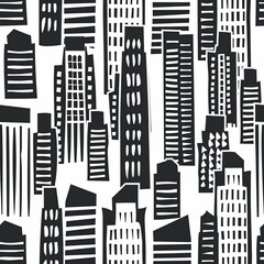 Obraz premium Abstract black and white urban skyline pattern featuring various building shapes and designs. Generative AI