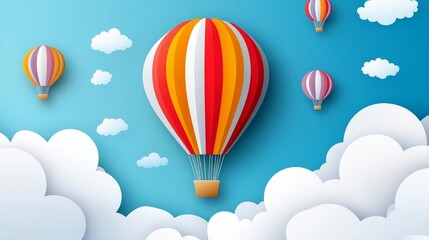 Colorful hot air balloons floating above clouds in a bright blue sky.