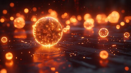 Obraz premium Glowing orange spheres on dark surface.