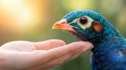 Obraz premium A peacock is being petted by a person's hand