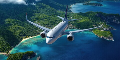 Fototapeta premium A sleek airplane soaring over a tropical island with vibrant greenery and clear blue waters. Perfect for travel ads and vacation planning themes world winning foto created by ai