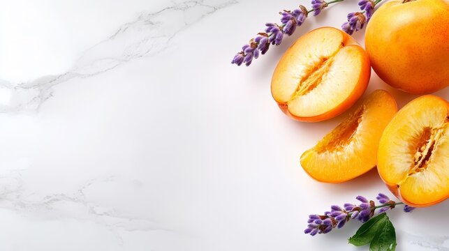 A bunch of sliced apricots and lavender flowers on a white marble surface