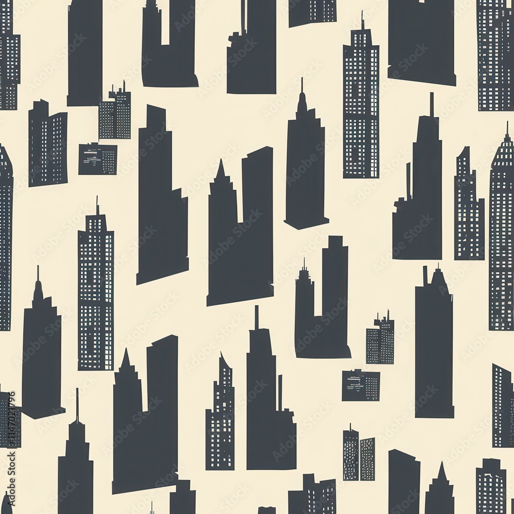 Poster Skyline silhouettes create a unique artistic pattern on a light background showcasing urban design elements. Generative AI