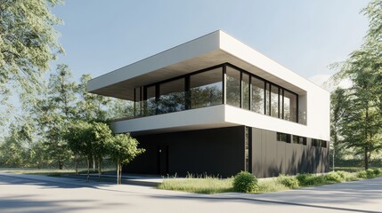 Modern minimalist house with large windows and black siding.
