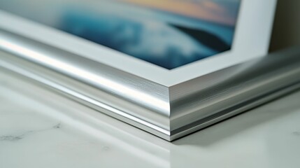 Silver frame, landscape photo, matted, close-up.