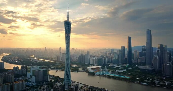 Aerial shot of modern city financial district buildings landscape at sunrise in Guangzhou, China