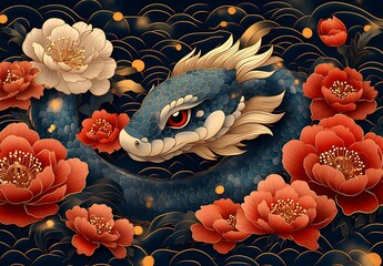 Enchanting Blue Snake Entwined with White and Red Blossoms
