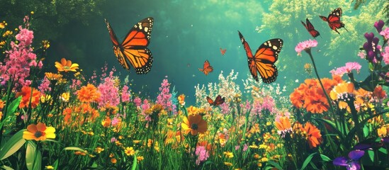 Colorful butterflies fly over a field of vibrant wildflowers.