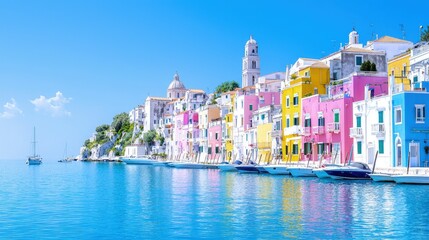 Obraz premium Vibrant colorful houses of a coastal Mediterranean village line the turquoise sea under a clear blue sky.