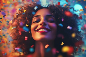 Vibrant Portrait of Woman with Curly Hair, Surrounded by Confetti and Colorful Motion Blur