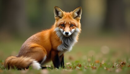 Obraz premium In a grassy meadow, a fox and a rabbit are positioned side by side, showcasing their contrasting colors and features