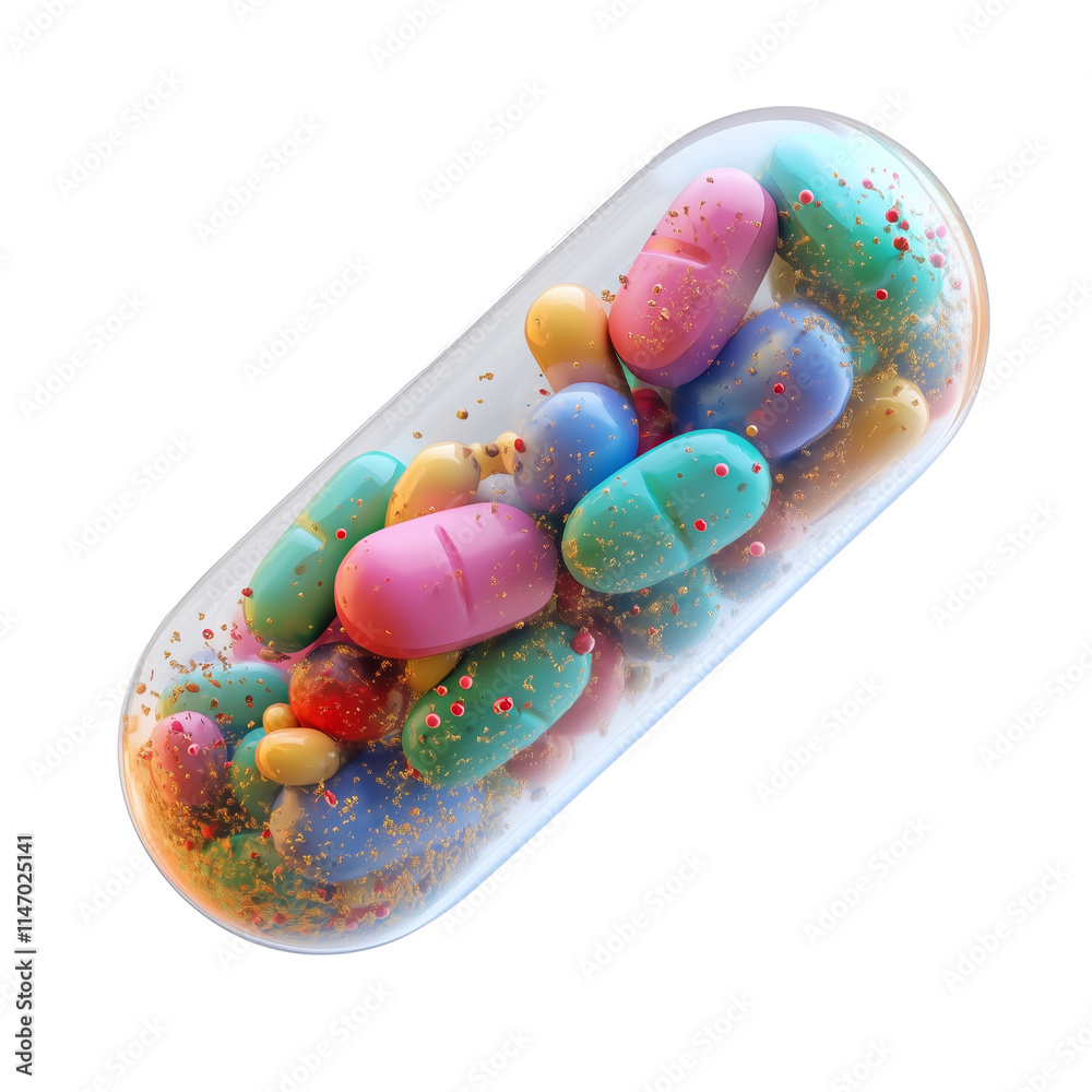 Poster colorful 3d rendered transparent capsule filled with various vibrant pills and particles, isolated o