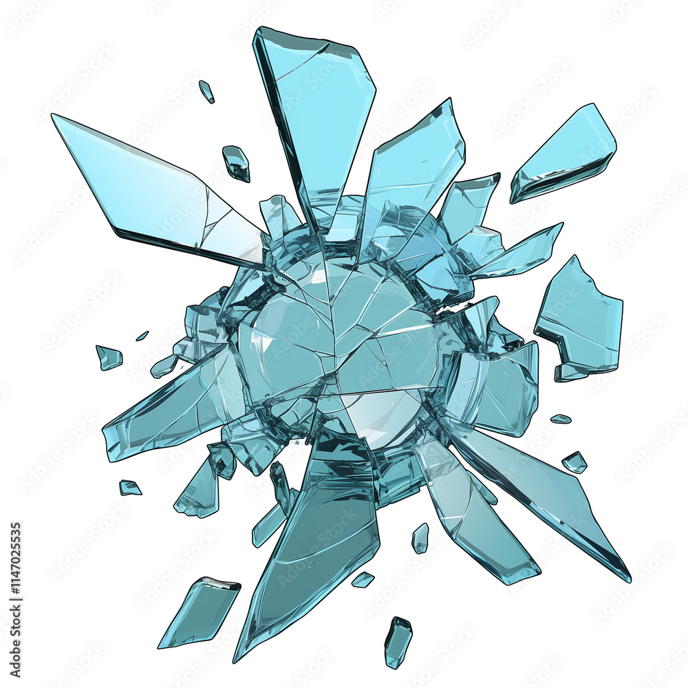 Poster shattered blue glass pieces in dynamic, flat view, isolated on transparency background, creating dra