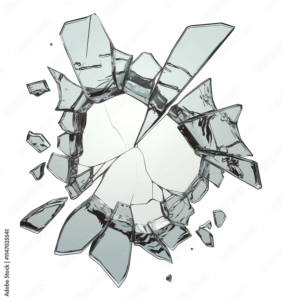 Poster 3D illustration of broken glass with sharp fragments and cracks isolated on transparency background, creating dramatic and impactful visual effect