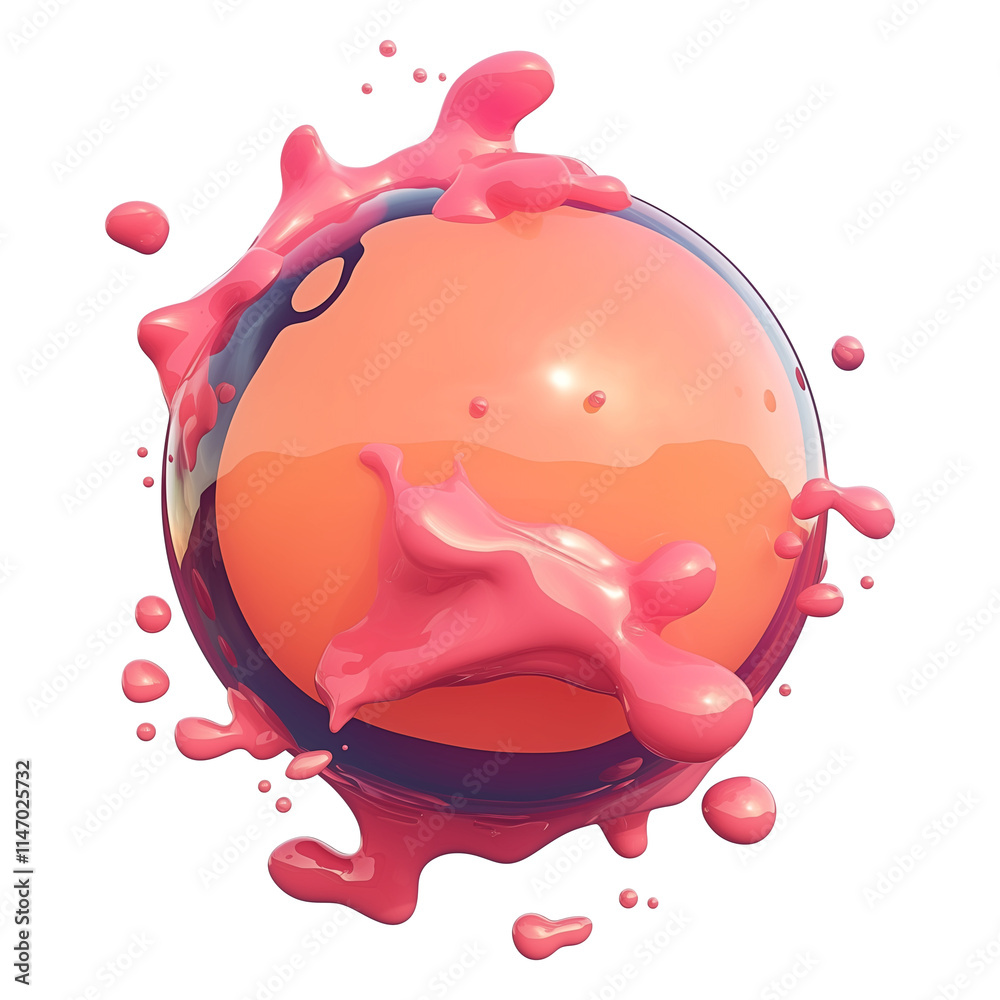 Poster vibrant 3d illustration of bursting bubble with glossy pink liquid splashes, isolated on transparenc