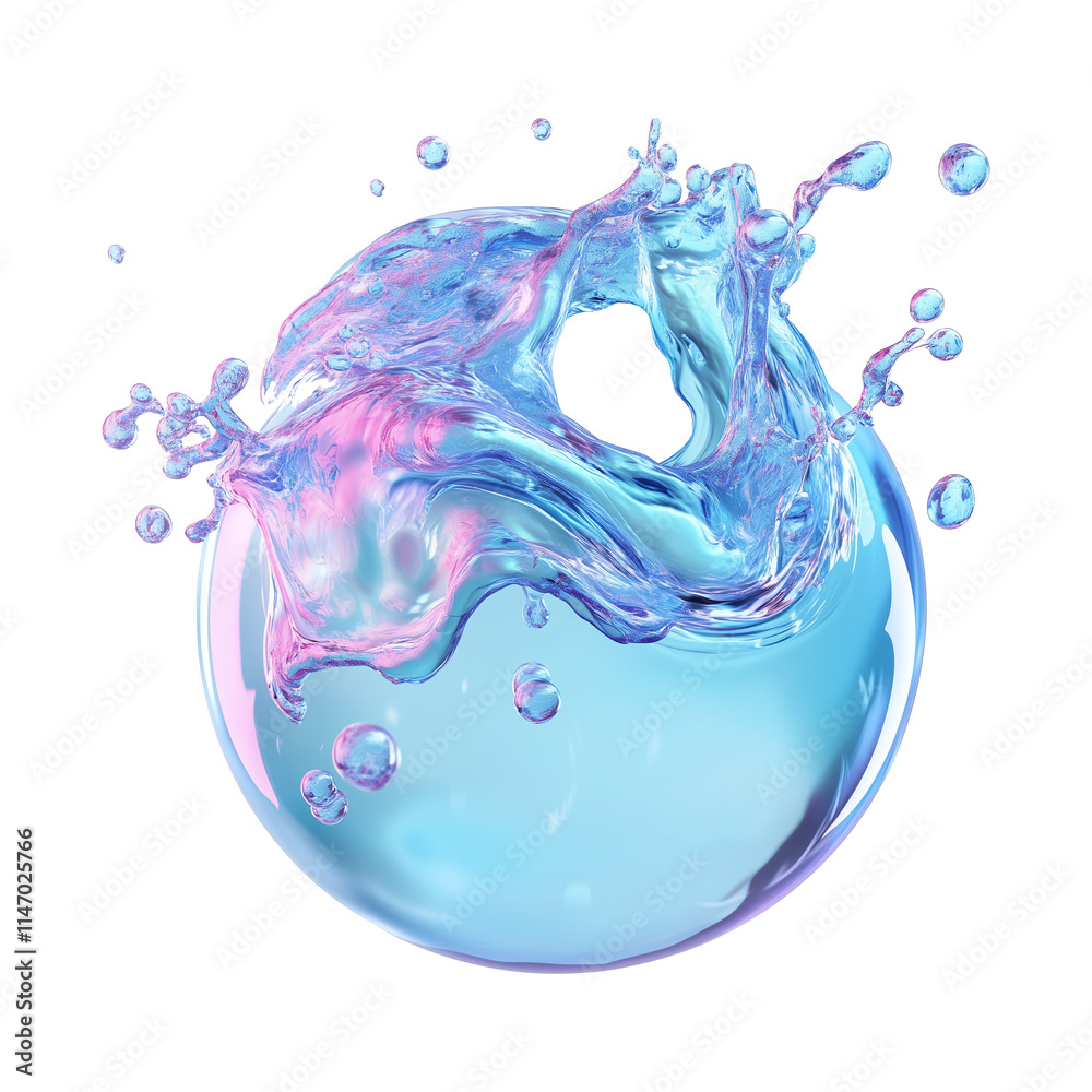 Poster vibrant 3d rendering of bursting bubble with dynamic splashes of water in blue and pink hues, isolat