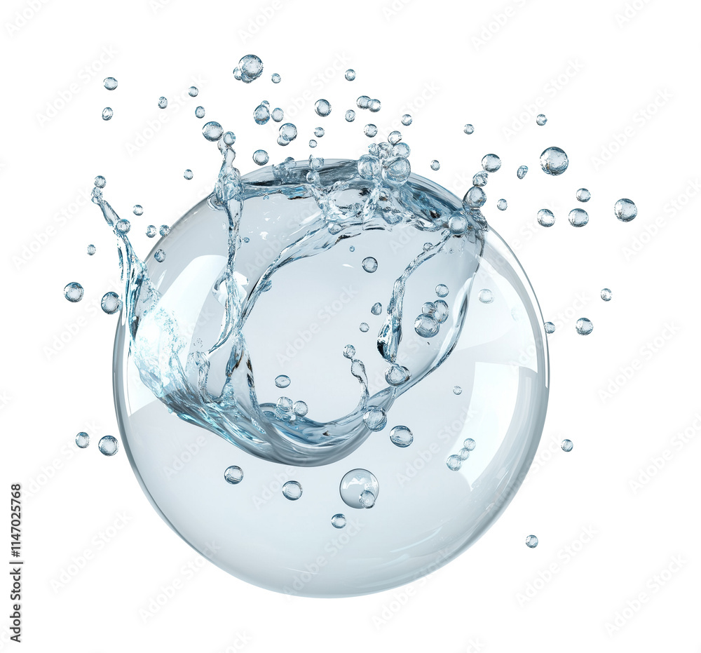 Poster transparent water bubble bursting with dynamic splashes and droplets, isolated on transparency background, showcasing fluid motion and clarity