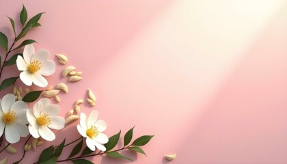 Naklejka premium Fondo de primavera con tono rosado pastel, flores blancas y hojas delicadas en el borde