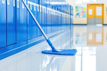 Janitorial staff member mopping a clean school hallway with bright lockers and bulletin boards in the background