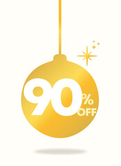 90% off, Merry Christmas, holiday, sales. Tag, business, star. Promo, ornament, celebration, sale, discount, golden, circle. Sticker, light, party, happy, day. Icon, set, vector