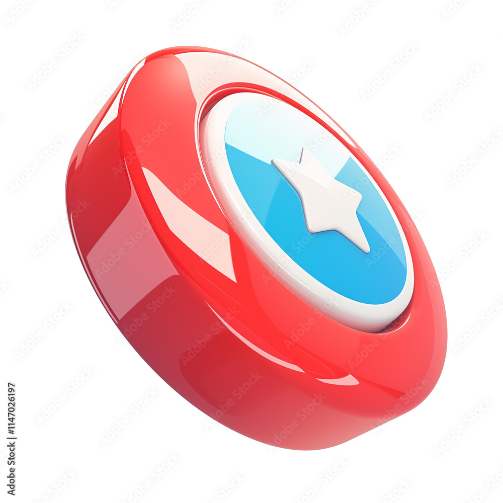 Poster glossy red button with blue center and white star icon, isolated on transparency background, showcas