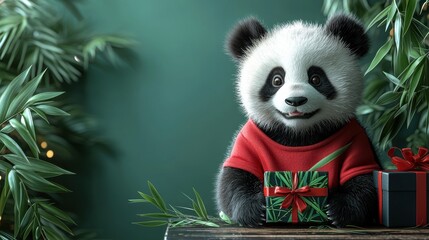 Obraz premium Adorable smiling panda in a red T-shirt with a green bamboo leaf design, sitting next to a black gift box with bamboo leaf pattern and red ribbon on a lush green background.