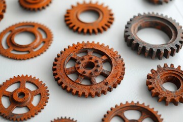 Various rusty gears arranged on a light surface showcasing intricate details of mechanical components in orange